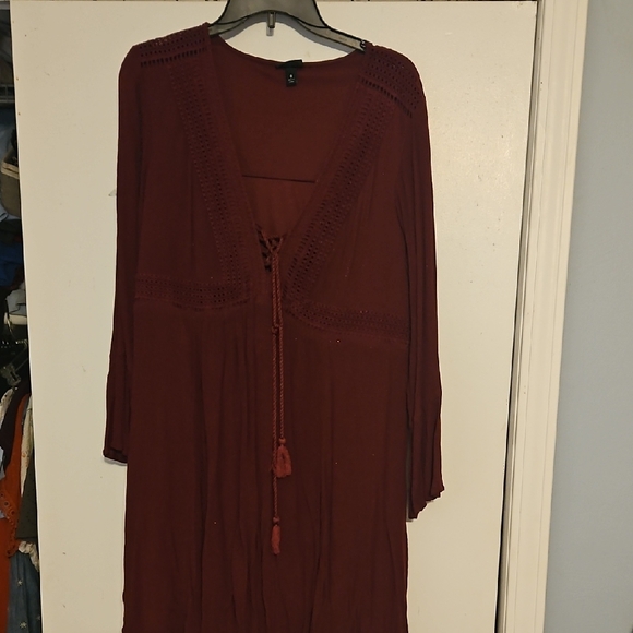 Burgundy Long Sleeve Dress with Crochet Detail - Picture 1 of 4